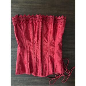 Frederick's Of Hollywood Corset Womens XS 32 Red Jacquard Overbust Lace Up